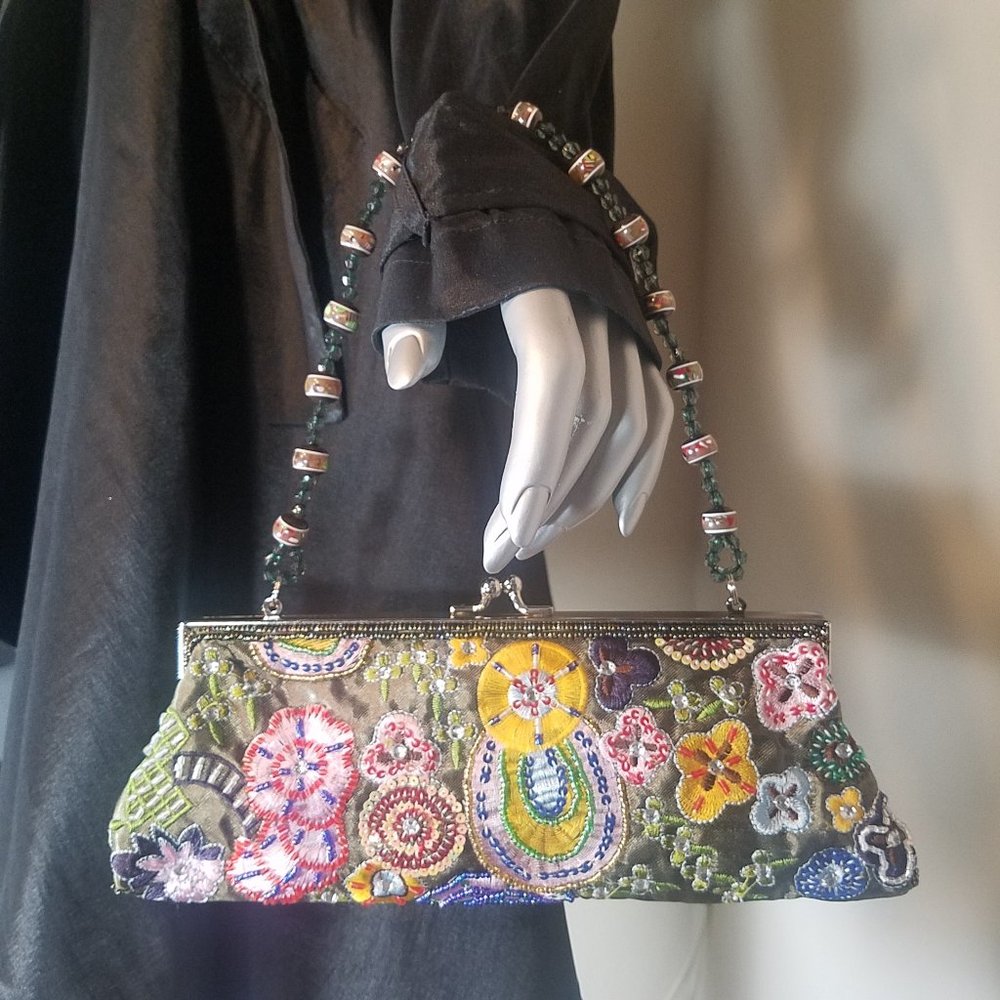 Women's Olive Decorative Beaded Handbag (10" w x 4" h)